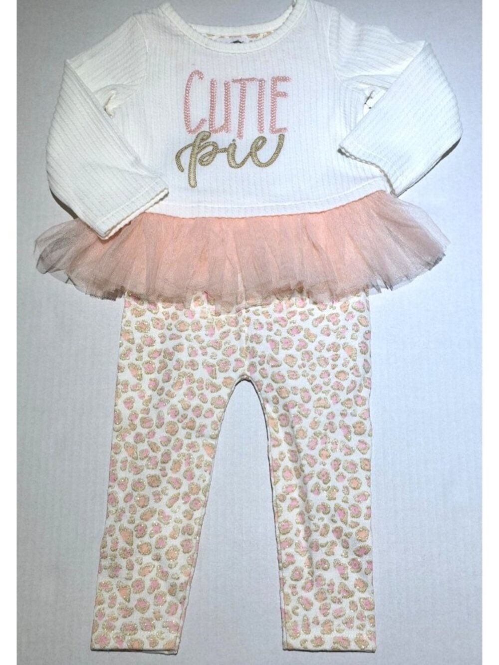 Mud Pie Cutie Pie tutu shirt leopard leggings set 3m 6m EUC embroidery glitter